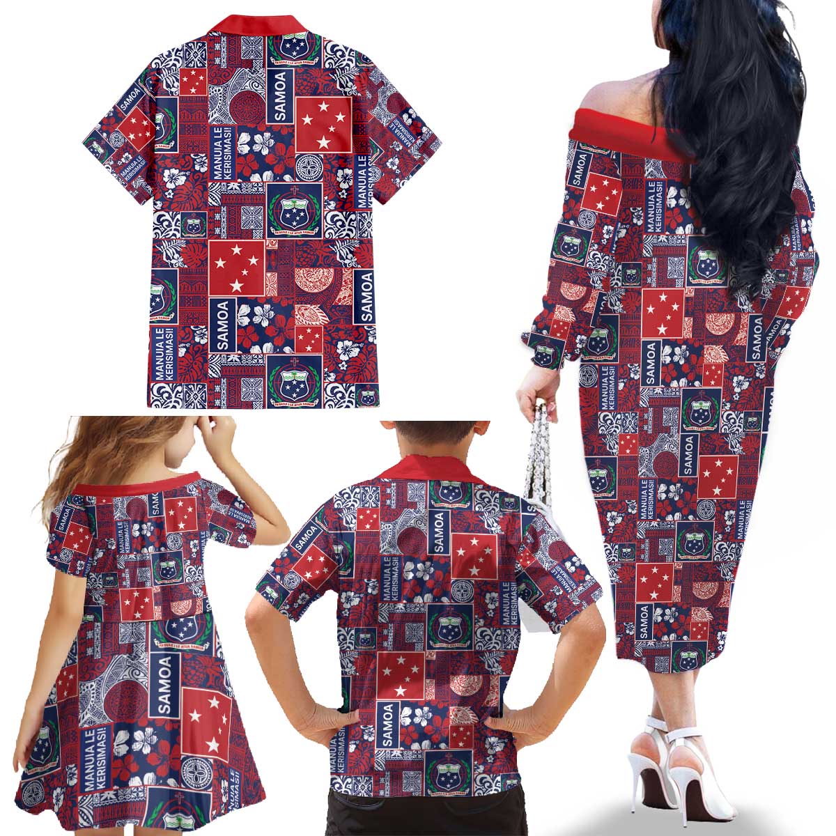 Red Samoa Manuia Le Kerisimasi Family Matching Off The Shoulder Long Sleeve Dress and Hawaiian Shirt Pacific Patchwork Xmas Vibes - Polynesian Pride
