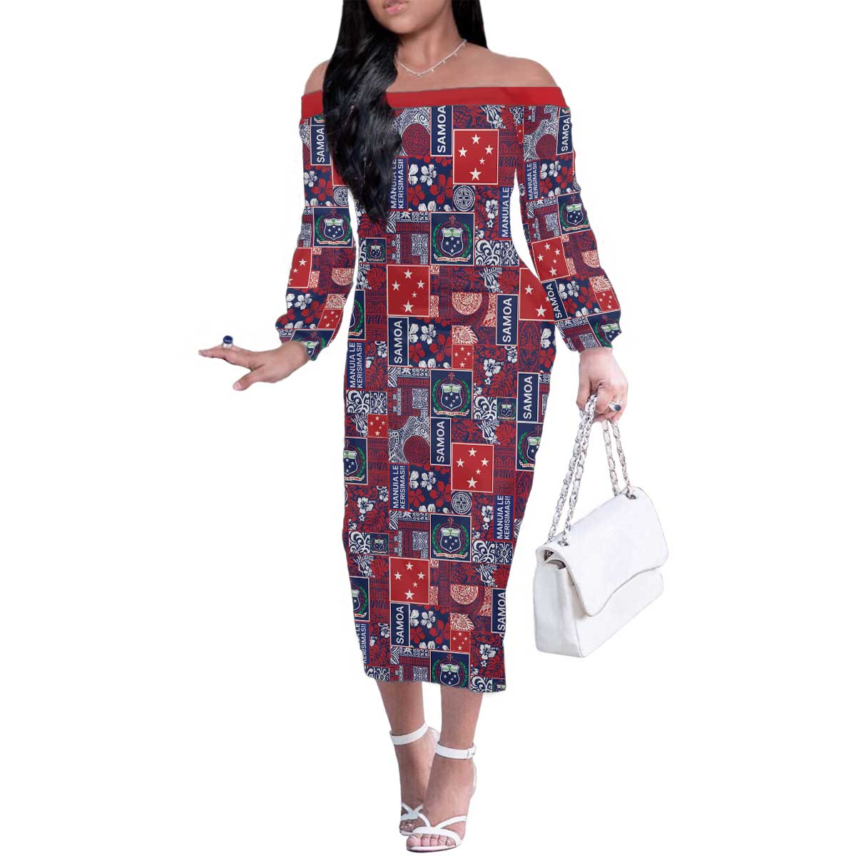 Red Samoa Manuia Le Kerisimasi Family Matching Off The Shoulder Long Sleeve Dress and Hawaiian Shirt Pacific Patchwork Xmas Vibes - Polynesian Pride