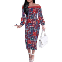 Red Samoa Manuia Le Kerisimasi Family Matching Off The Shoulder Long Sleeve Dress and Hawaiian Shirt Pacific Patchwork Xmas Vibes - Polynesian Pride