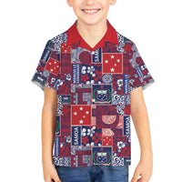 Red Samoa Manuia Le Kerisimasi Family Matching Off The Shoulder Long Sleeve Dress and Hawaiian Shirt Pacific Patchwork Xmas Vibes - Polynesian Pride