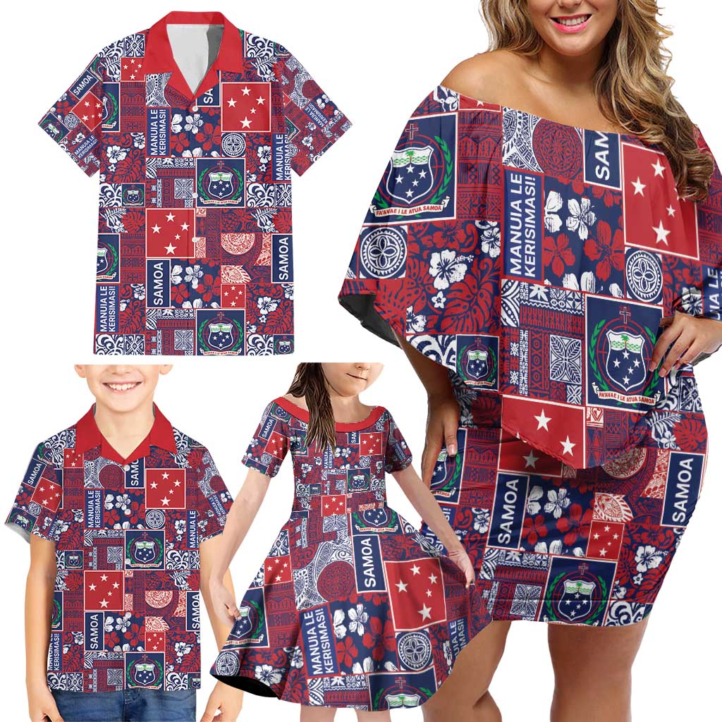 Red Samoa Manuia Le Kerisimasi Family Matching Off Shoulder Short Dress and Hawaiian Shirt Pacific Patchwork Xmas Vibes - Polynesian Pride