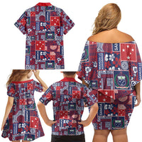 Red Samoa Manuia Le Kerisimasi Family Matching Off Shoulder Short Dress and Hawaiian Shirt Pacific Patchwork Xmas Vibes - Polynesian Pride