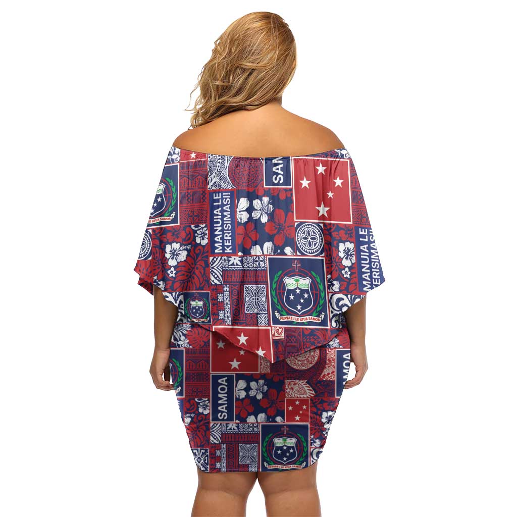 Red Samoa Manuia Le Kerisimasi Family Matching Off Shoulder Short Dress and Hawaiian Shirt Pacific Patchwork Xmas Vibes - Polynesian Pride