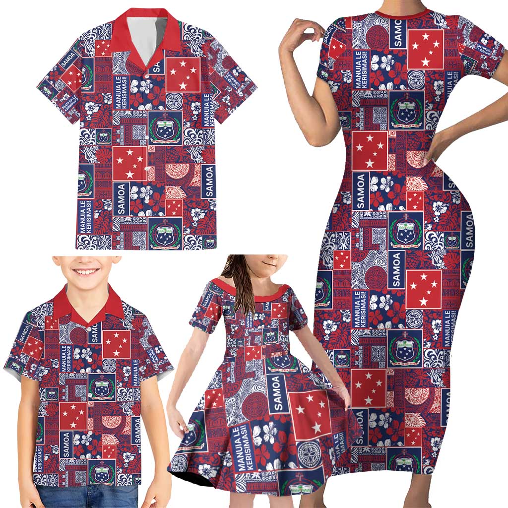 Red Samoa Manuia Le Kerisimasi Family Matching Short Sleeve Bodycon Dress and Hawaiian Shirt Pacific Patchwork Xmas Vibes - Polynesian Pride
