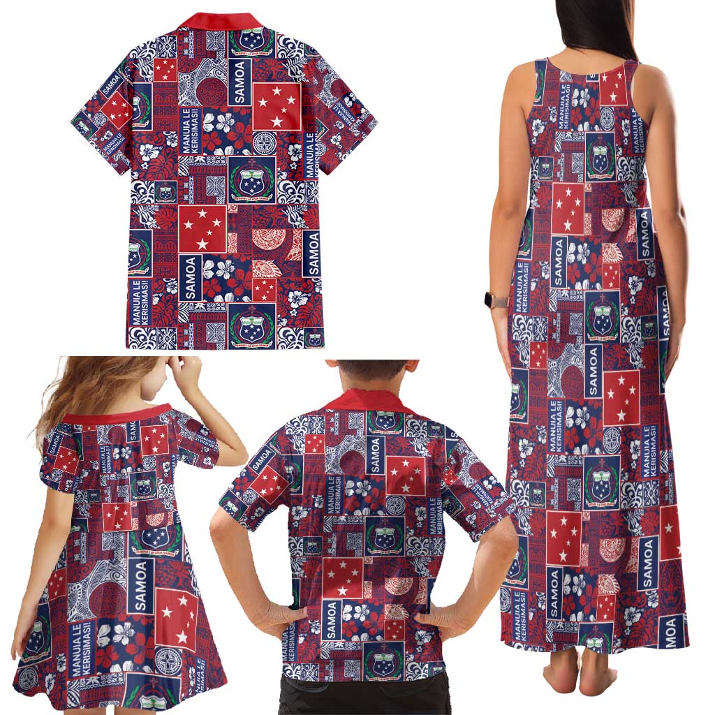 Red Samoa Manuia Le Kerisimasi Family Matching Tank Maxi Dress and Hawaiian Shirt Pacific Patchwork Xmas Vibes - Polynesian Pride