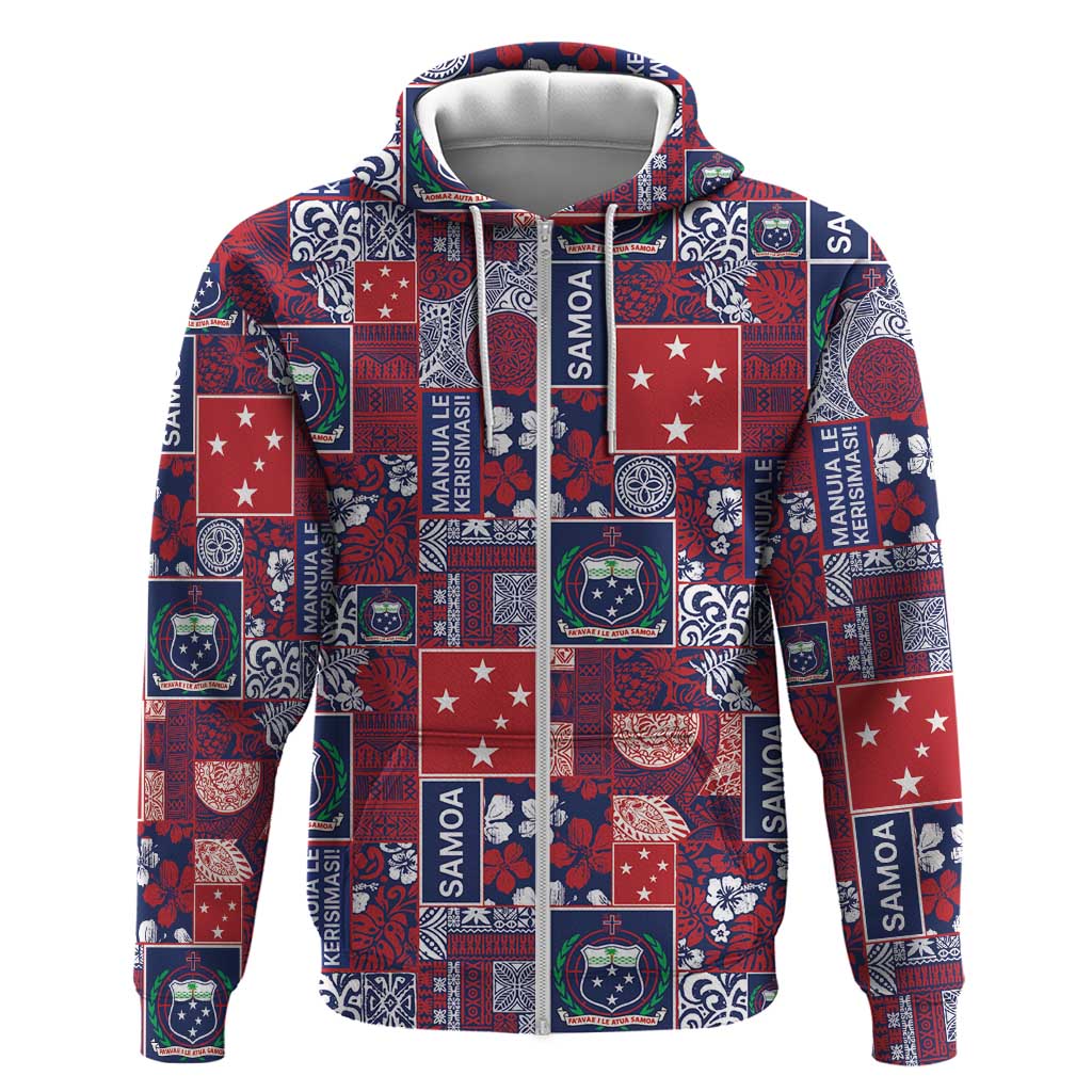 Red Samoa Manuia Le Kerisimasi Hoodie Pacific Patchwork Xmas Vibes LT9 Zip Hoodie Red - Polynesian Pride