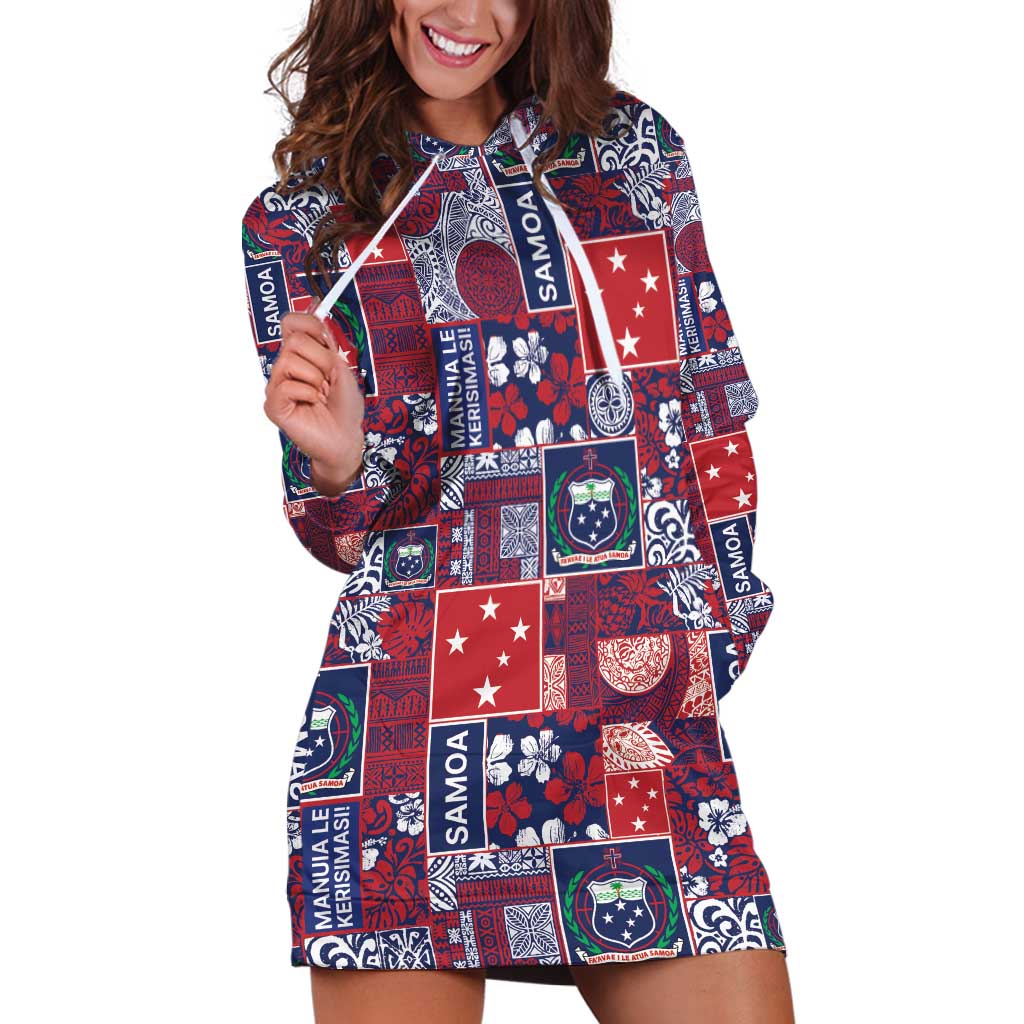 Red Samoa Manuia Le Kerisimasi Hoodie Dress Pacific Patchwork Xmas Vibes - Polynesian Pride