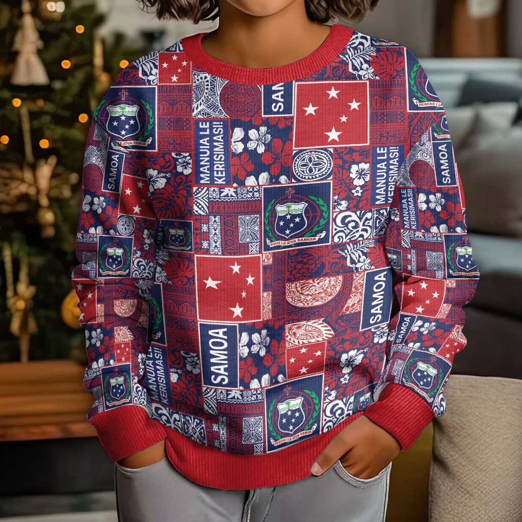 Red Samoa Manuia Le Kerisimasi Kid Ugly Christmas Sweater Pacific Patchwork Xmas Vibes LT9 - Polynesian Pride
