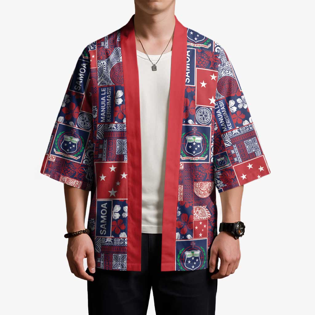 Red Samoa Manuia Le Kerisimasi Kimono Pacific Patchwork Xmas Vibes - Polynesian Pride