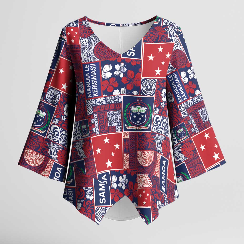 Red Samoa Manuia Le Kerisimasi Kimono Sleeve Blouse Pacific Patchwork Xmas Vibes LT9 Female Red - Polynesian Pride