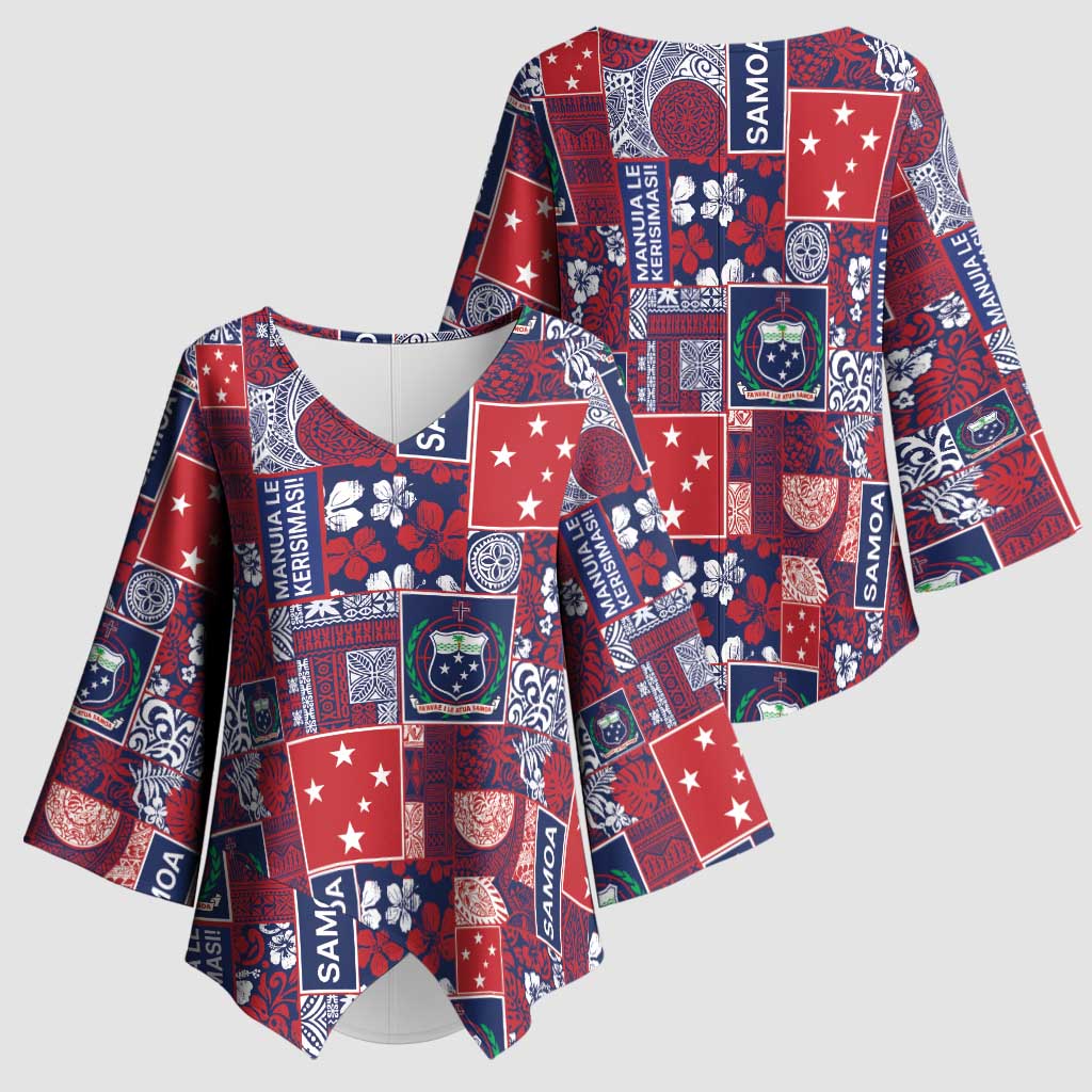 Red Samoa Manuia Le Kerisimasi Kimono Sleeve Blouse Pacific Patchwork Xmas Vibes LT9 - Polynesian Pride