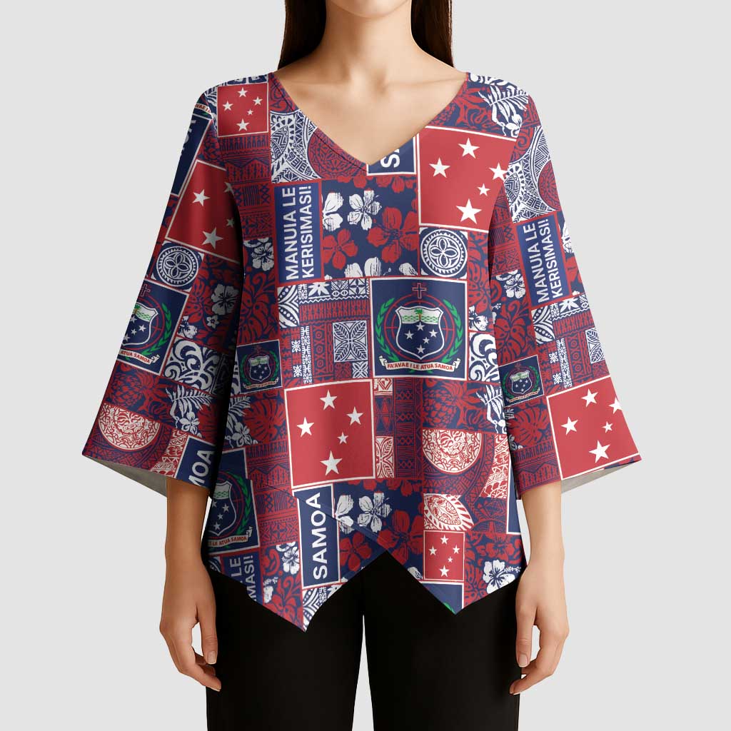 Red Samoa Manuia Le Kerisimasi Kimono Sleeve Blouse Pacific Patchwork Xmas Vibes LT9 - Polynesian Pride
