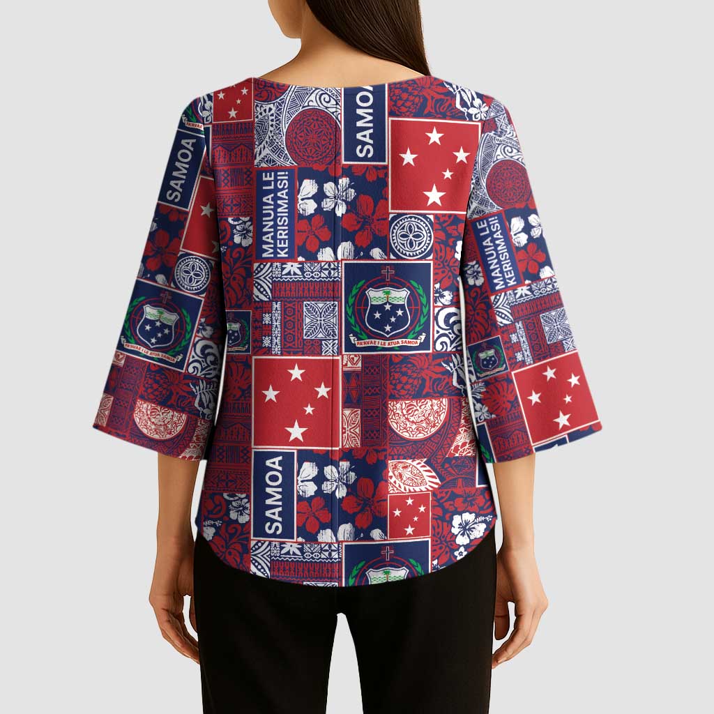 Red Samoa Manuia Le Kerisimasi Kimono Sleeve Blouse Pacific Patchwork Xmas Vibes LT9 - Polynesian Pride