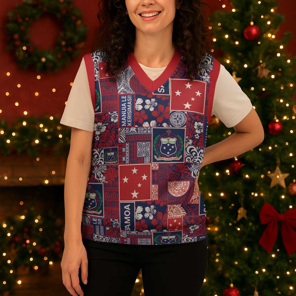 Red Samoa Manuia Le Kerisimasi Christmas Knitted V-Neck Vest Pacific Patchwork Xmas Vibes LT9 - Polynesian Pride