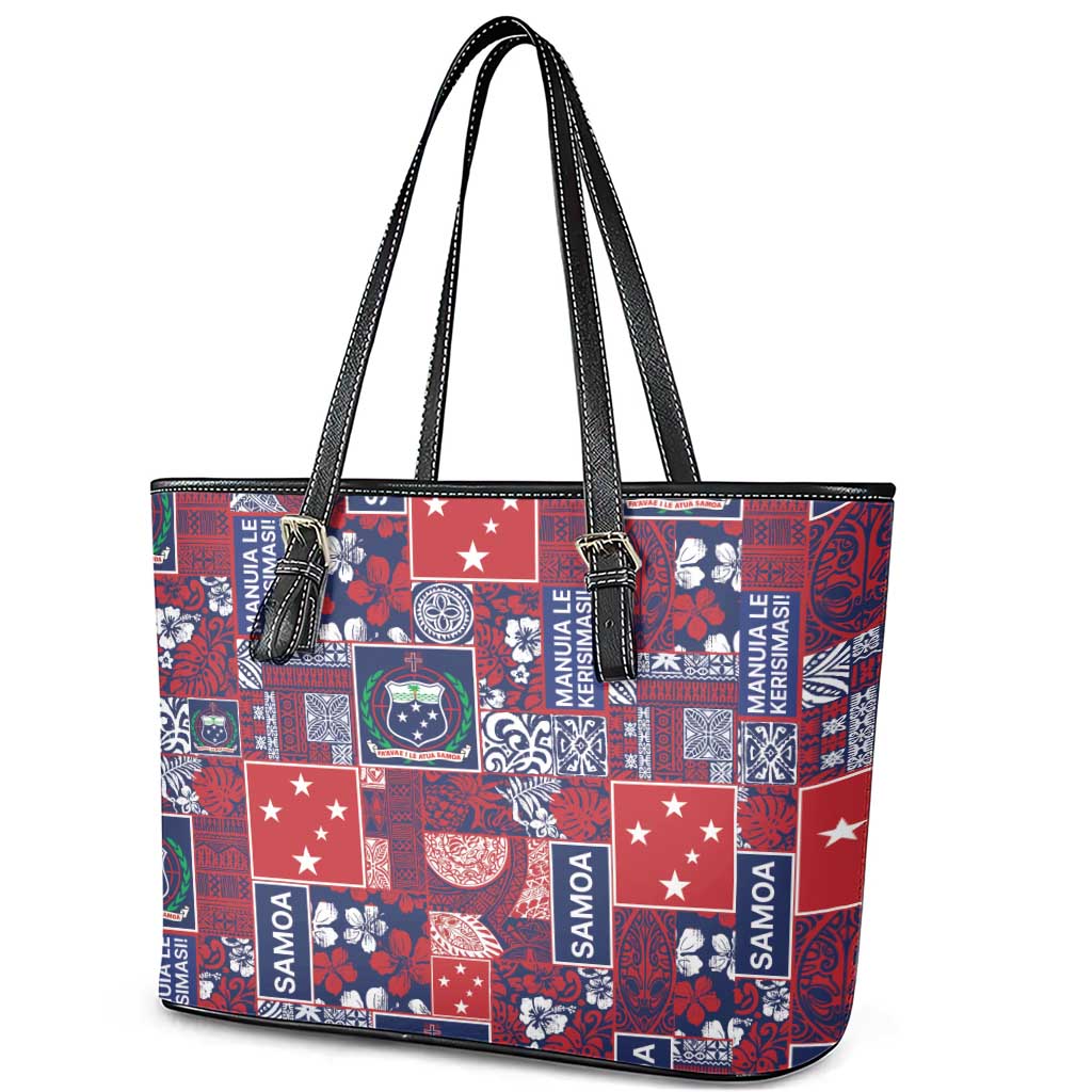 Red Samoa Manuia Le Kerisimasi Leather Tote Bag Pacific Patchwork Xmas Vibes - Polynesian Pride