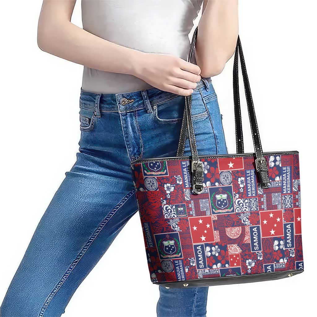 Red Samoa Manuia Le Kerisimasi Leather Tote Bag Pacific Patchwork Xmas Vibes - Polynesian Pride