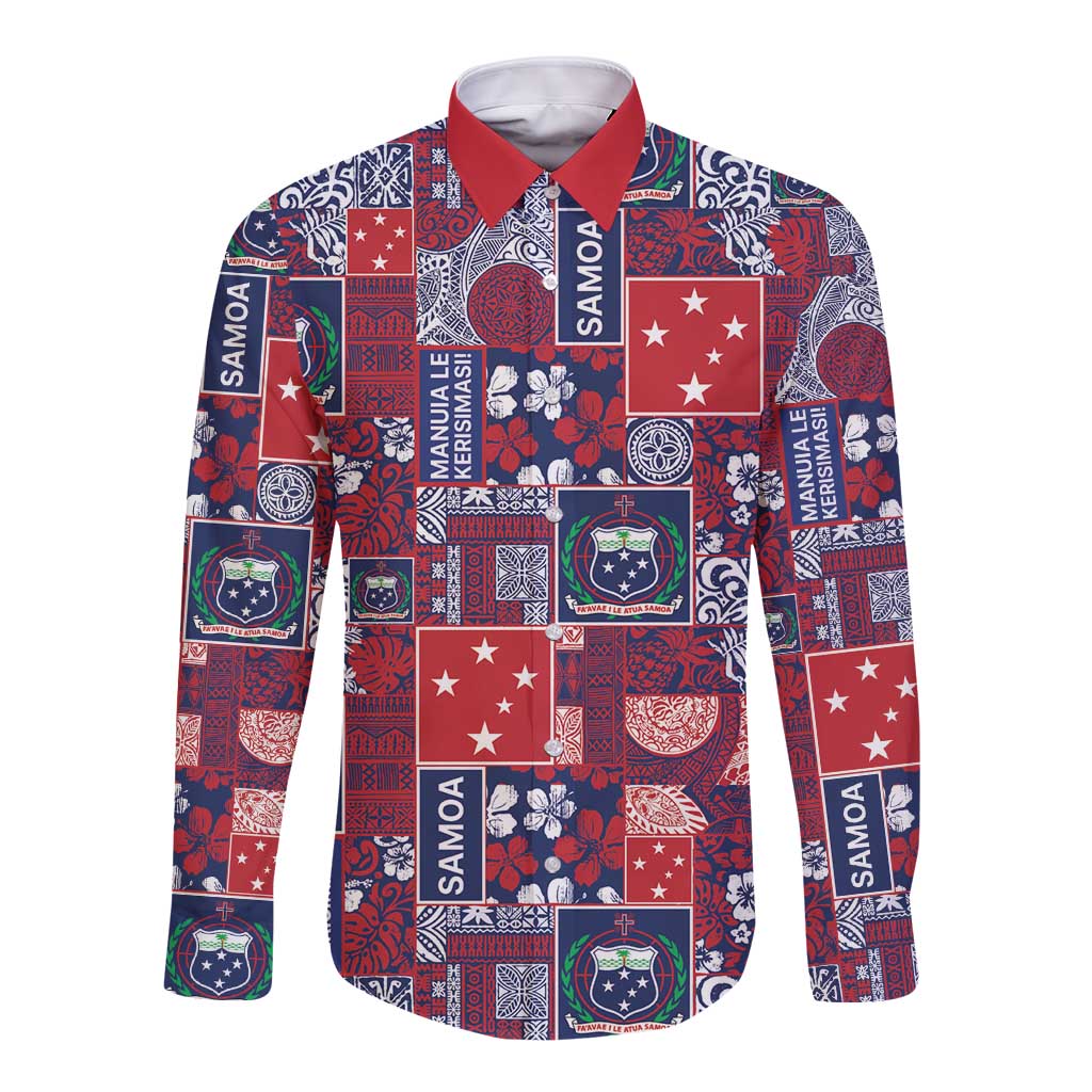 Red Samoa Manuia Le Kerisimasi Long Sleeve Button Shirt Pacific Patchwork Xmas Vibes LT9 Unisex Red - Polynesian Pride