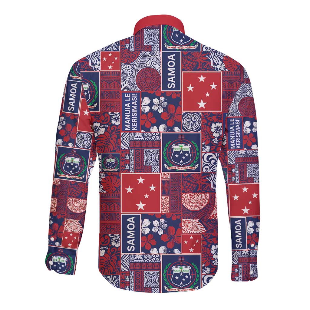 Red Samoa Manuia Le Kerisimasi Long Sleeve Button Shirt Pacific Patchwork Xmas Vibes LT9 - Polynesian Pride