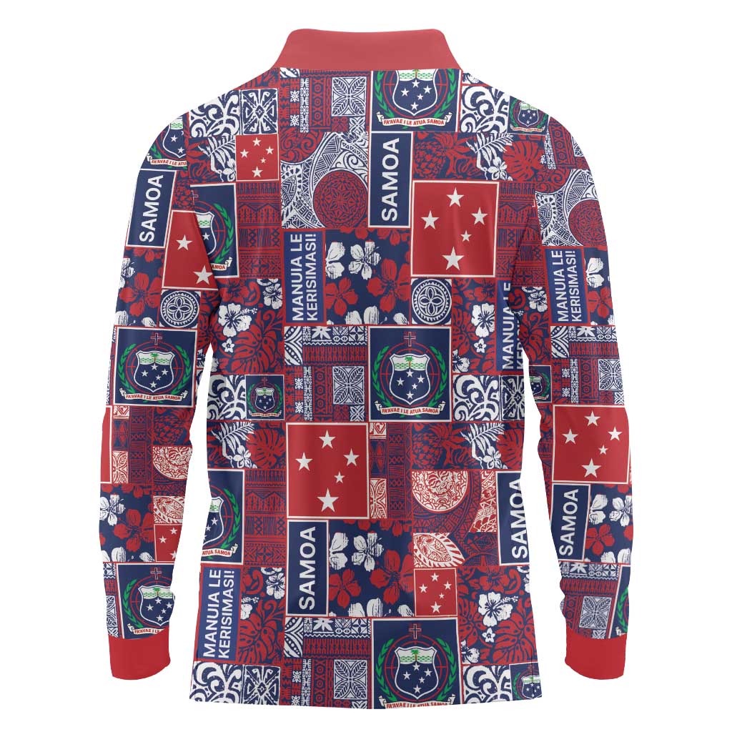 Red Samoa Manuia Le Kerisimasi Long Sleeve Polo Shirt Pacific Patchwork Xmas Vibes LT9 - Polynesian Pride