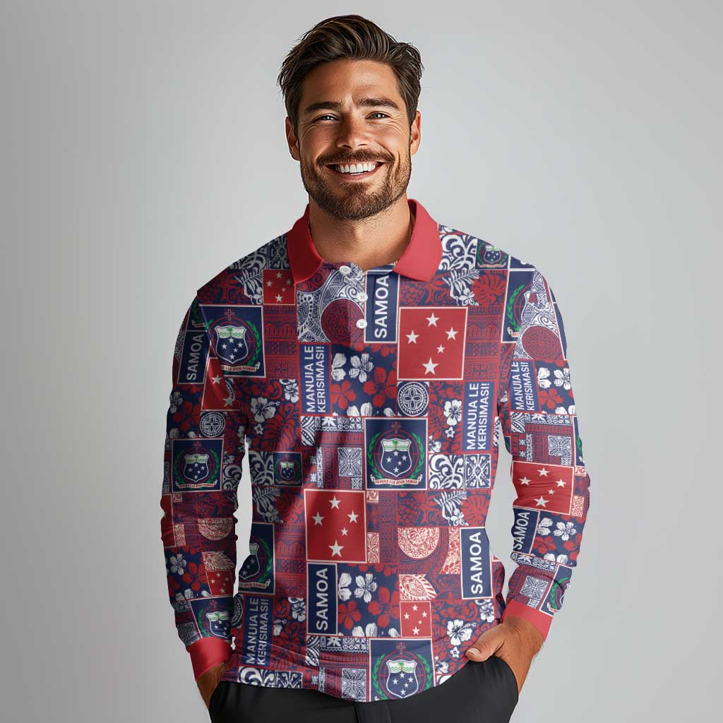 Red Samoa Manuia Le Kerisimasi Long Sleeve Polo Shirt Pacific Patchwork Xmas Vibes LT9 - Polynesian Pride