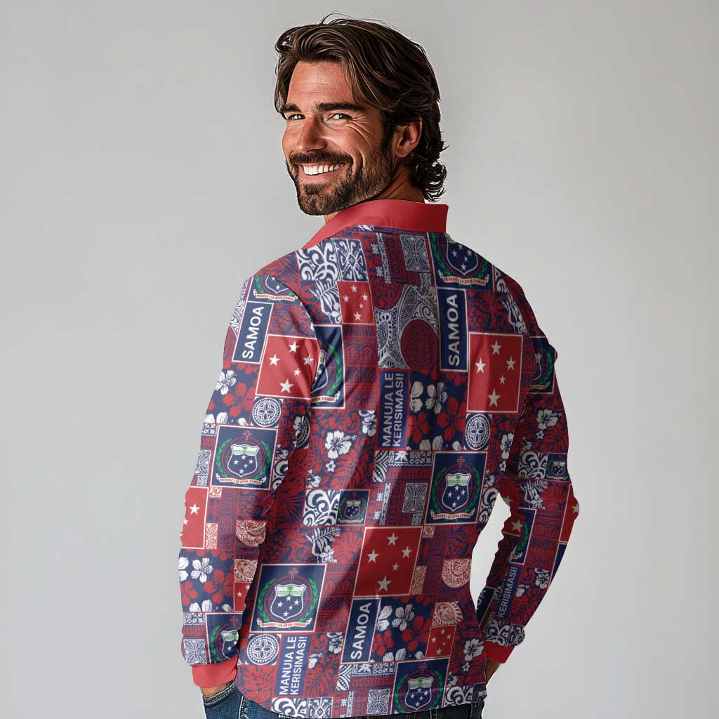 Red Samoa Manuia Le Kerisimasi Long Sleeve Polo Shirt Pacific Patchwork Xmas Vibes LT9 - Polynesian Pride