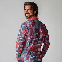 Red Samoa Manuia Le Kerisimasi Long Sleeve Polo Shirt Pacific Patchwork Xmas Vibes LT9 - Polynesian Pride