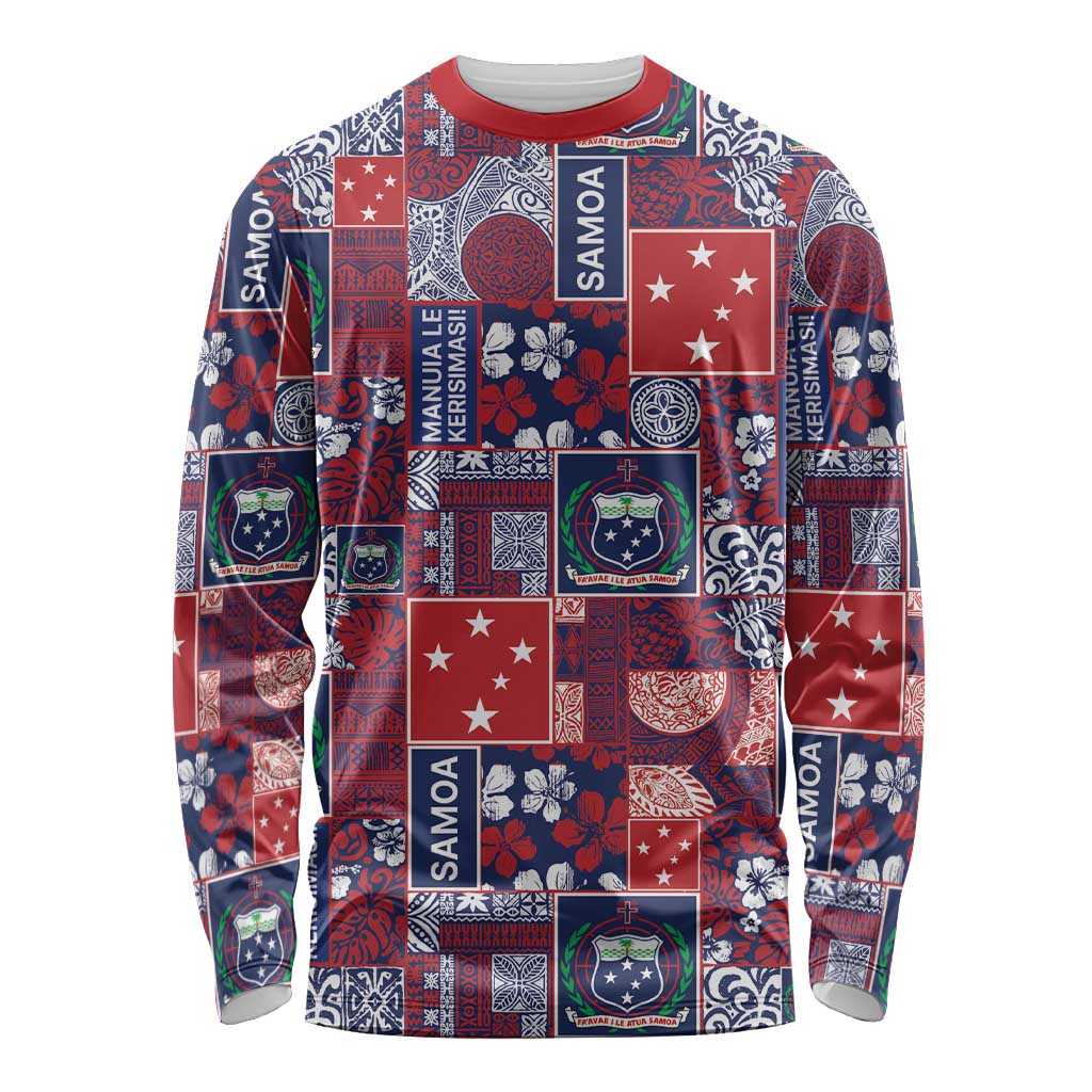 Red Samoa Manuia Le Kerisimasi Long Sleeve Shirt Pacific Patchwork Xmas Vibes LT9 Unisex Red - Polynesian Pride