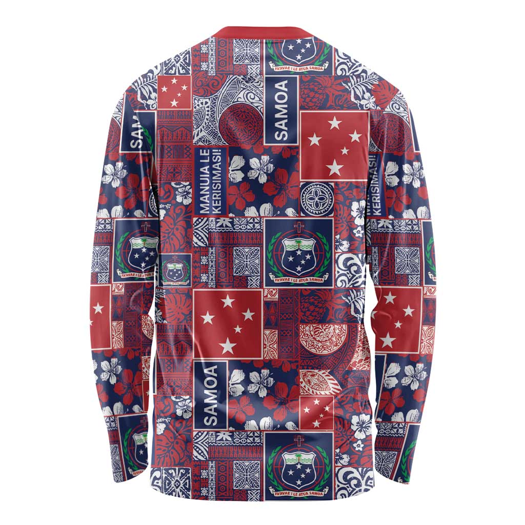 Red Samoa Manuia Le Kerisimasi Long Sleeve Shirt Pacific Patchwork Xmas Vibes LT9 - Polynesian Pride