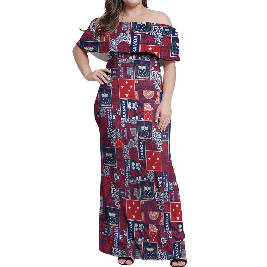 Red Samoa Manuia Le Kerisimasi Off Shoulder Maxi Dress Pacific Patchwork Xmas Vibes - Polynesian Pride