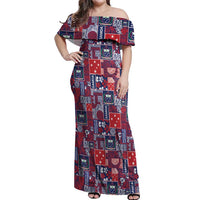Red Samoa Manuia Le Kerisimasi Off Shoulder Maxi Dress Pacific Patchwork Xmas Vibes - Polynesian Pride