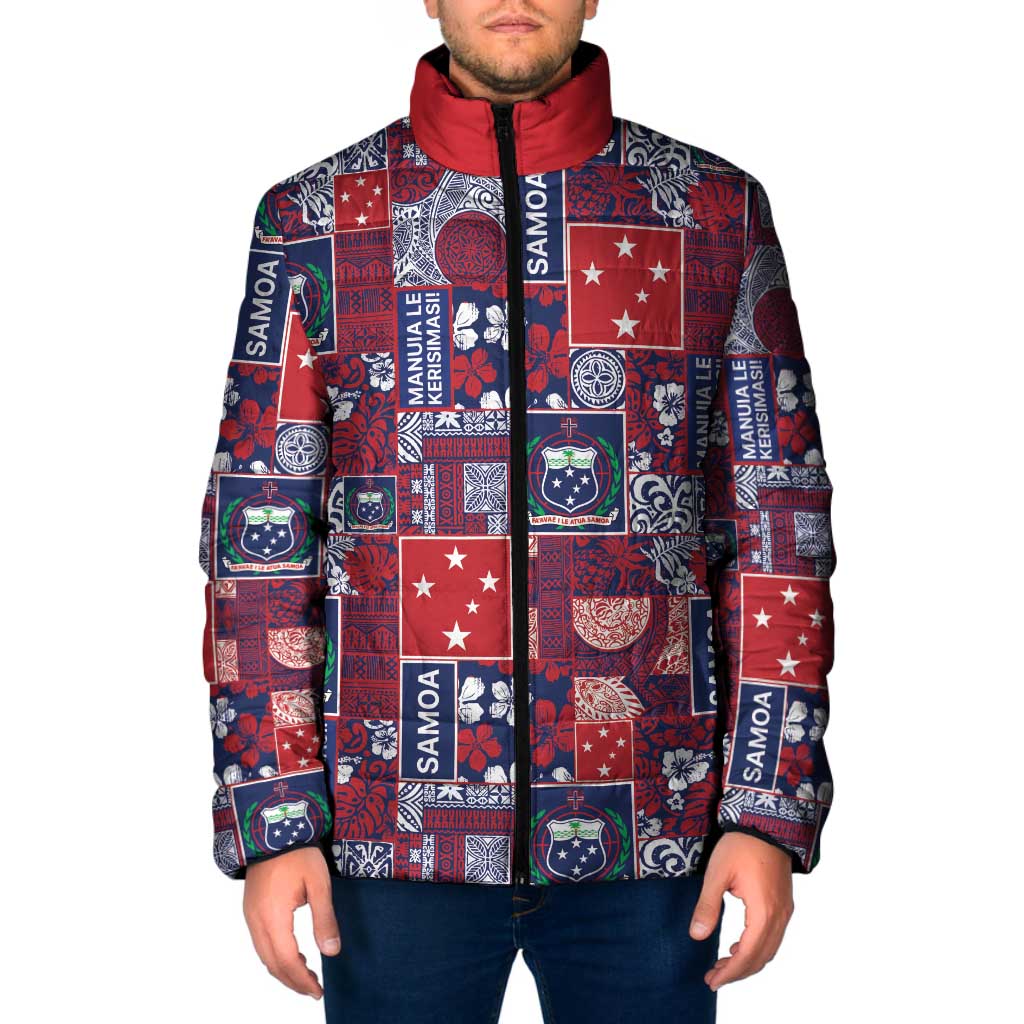 Red Samoa Manuia Le Kerisimasi Padded Jacket Pacific Patchwork Xmas Vibes LT9 Men Red - Polynesian Pride