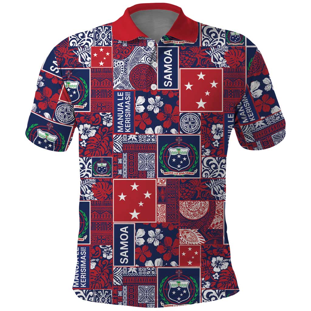 Red Samoa Manuia Le Kerisimasi Polo Shirt Pacific Patchwork Xmas Vibes - Polynesian Pride