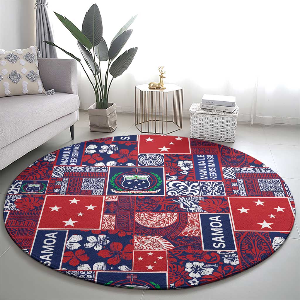Red Samoa Manuia Le Kerisimasi Round Carpet Pacific Patchwork Xmas Vibes - Polynesian Pride