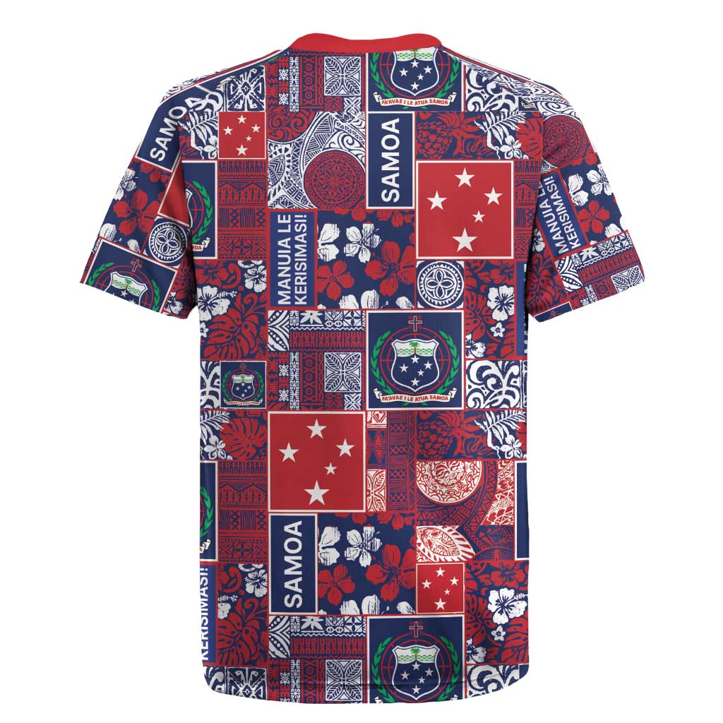 Red Samoa Manuia Le Kerisimasi Rugby Jersey Pacific Patchwork Xmas Vibes - Polynesian Pride