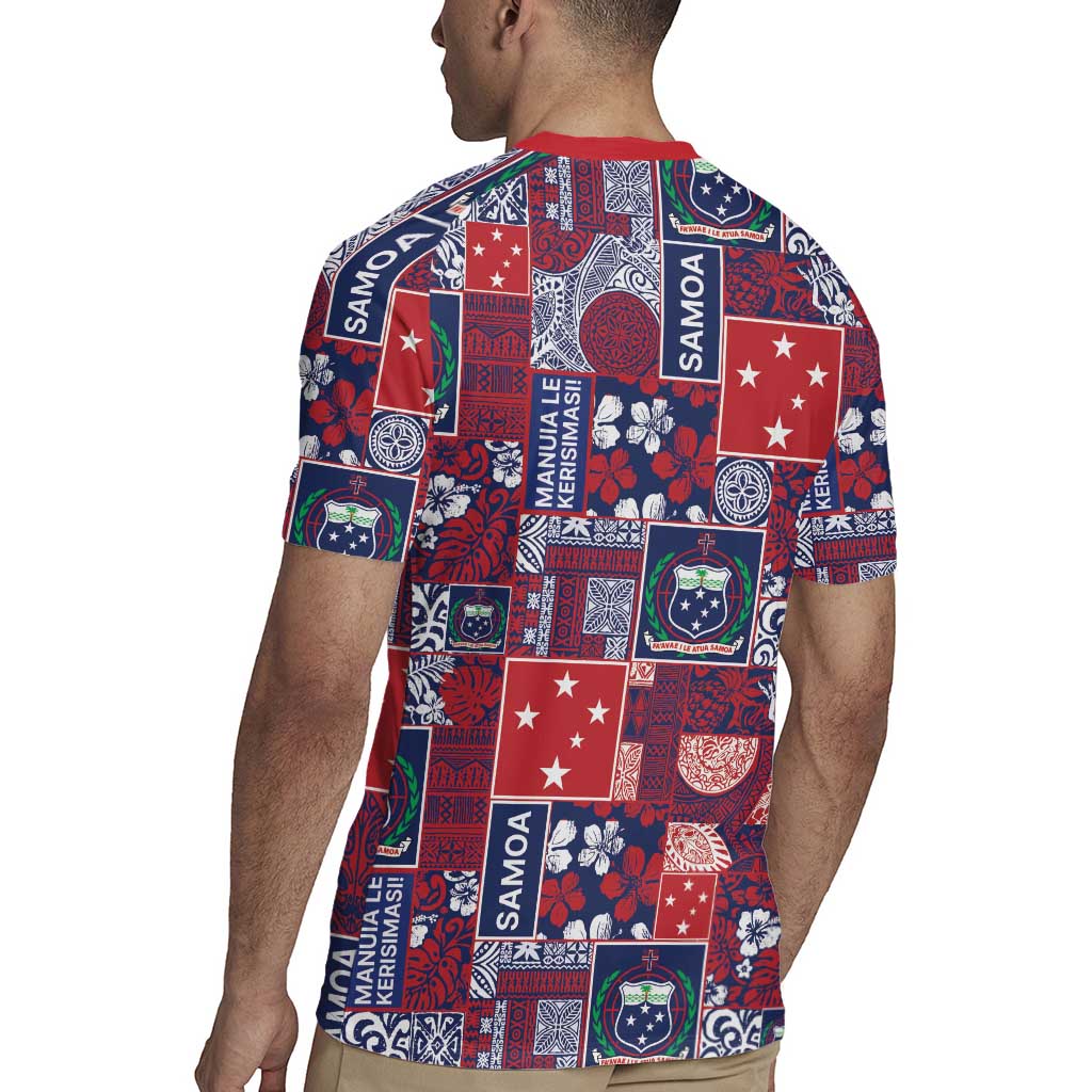 Red Samoa Manuia Le Kerisimasi Rugby Jersey Pacific Patchwork Xmas Vibes - Polynesian Pride
