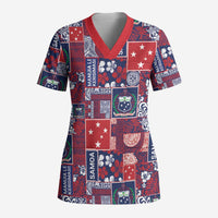 Red Samoa Manuia Le Kerisimasi Scrub Top Pacific Patchwork Xmas Vibes LT9 Adult Red - Polynesian Pride
