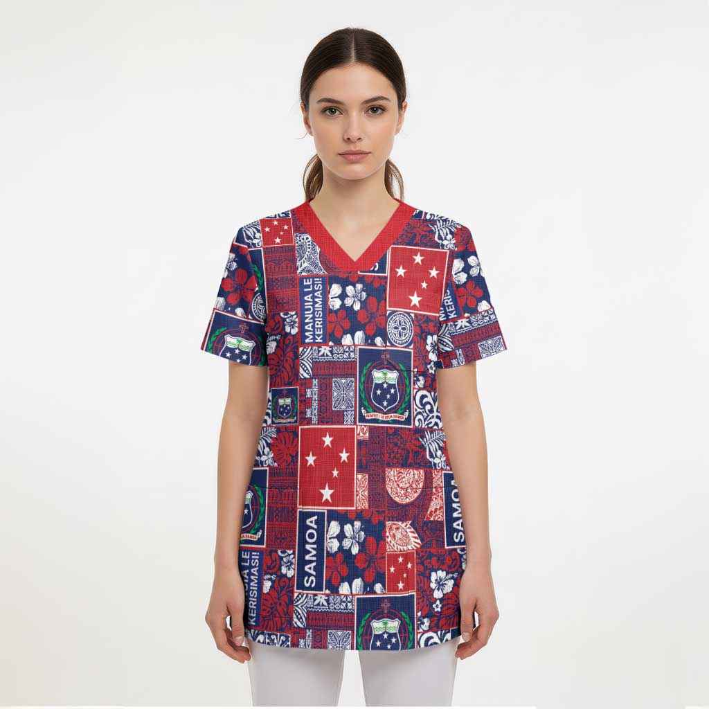 Red Samoa Manuia Le Kerisimasi Scrub Top Pacific Patchwork Xmas Vibes LT9 - Polynesian Pride