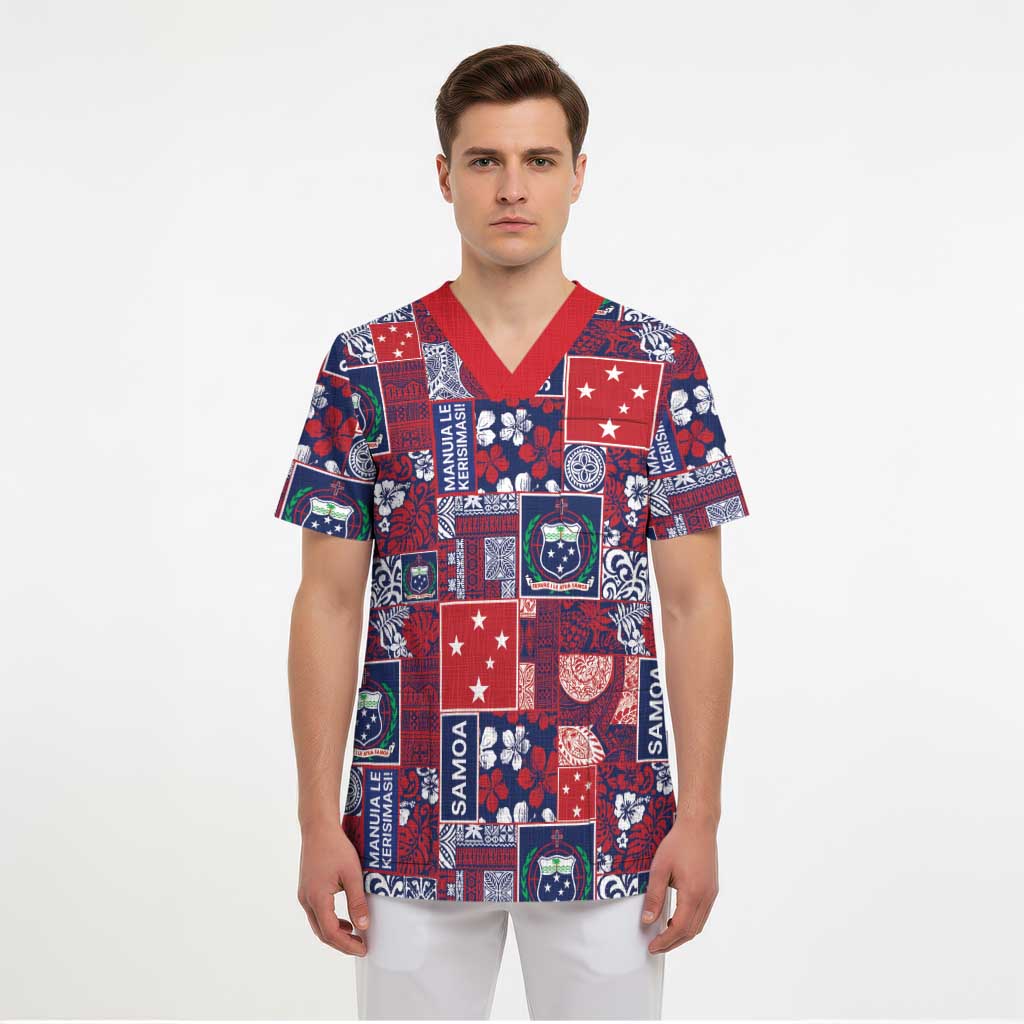 Red Samoa Manuia Le Kerisimasi Scrub Top Pacific Patchwork Xmas Vibes LT9 - Polynesian Pride