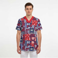 Red Samoa Manuia Le Kerisimasi Scrub Top Pacific Patchwork Xmas Vibes LT9 - Polynesian Pride