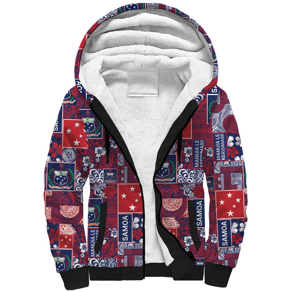 Red Samoa Manuia Le Kerisimasi Sherpa Hoodie Pacific Patchwork Xmas Vibes LT9 Unisex Red - Polynesian Pride
