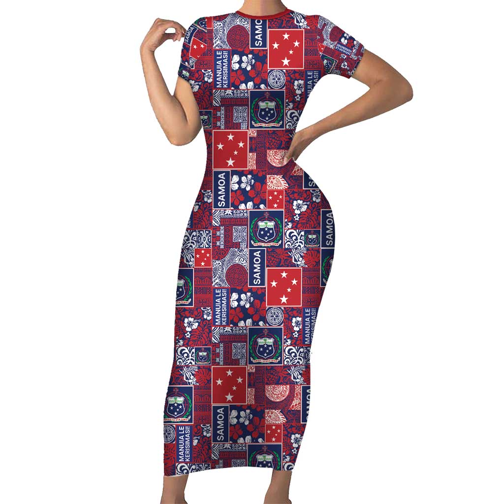 Red Samoa Manuia Le Kerisimasi Short Sleeve Bodycon Dress Pacific Patchwork Xmas Vibes - Polynesian Pride