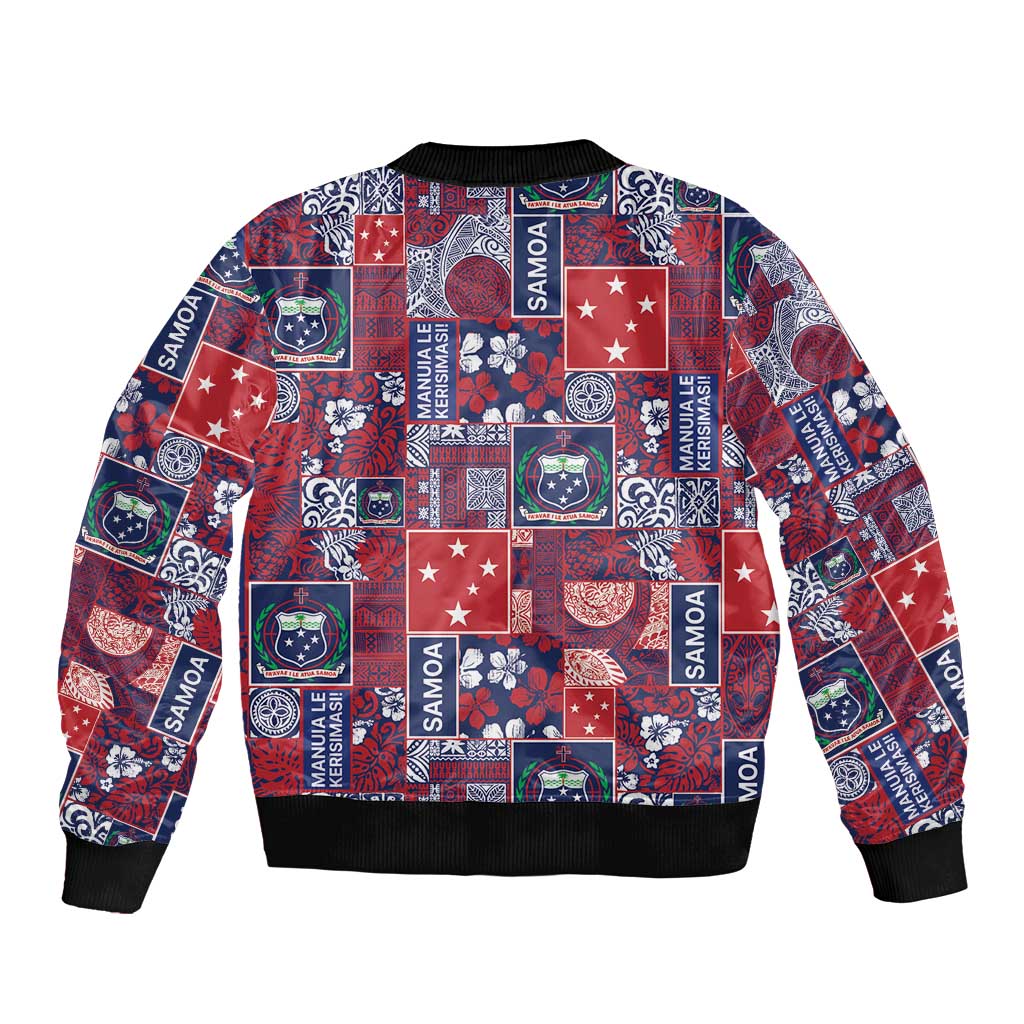 Red Samoa Manuia Le Kerisimasi Sleeve Zip Bomber Jacket Pacific Patchwork Xmas Vibes LT9 - Polynesian Pride
