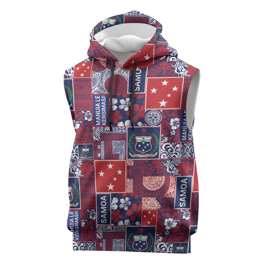 Red Samoa Manuia Le Kerisimasi Sleeveless Hoodie Pacific Patchwork Xmas Vibes LT9 Red - Polynesian Pride