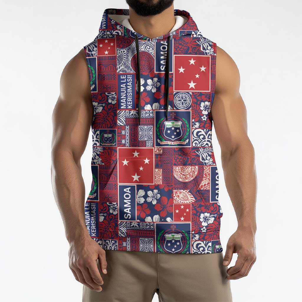 Red Samoa Manuia Le Kerisimasi Sleeveless Hoodie Pacific Patchwork Xmas Vibes LT9 - Polynesian Pride