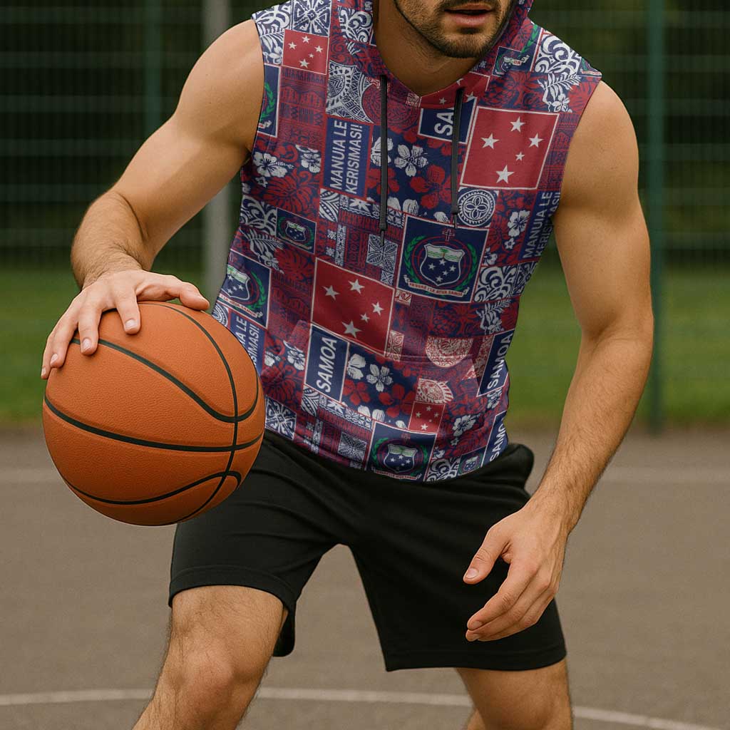 Red Samoa Manuia Le Kerisimasi Sleeveless Hoodie Pacific Patchwork Xmas Vibes LT9 - Polynesian Pride