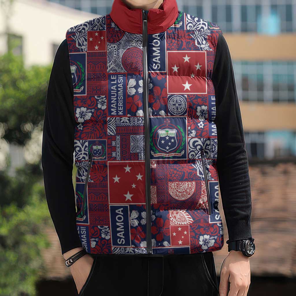 Red Samoa Manuia Le Kerisimasi Sleeveless Puffer Jacket Pacific Patchwork Xmas Vibes LT9 - Polynesian Pride