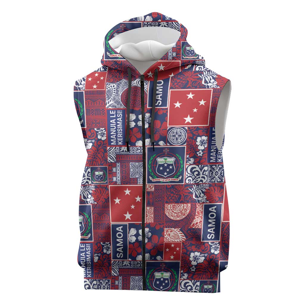 Red Samoa Manuia Le Kerisimasi Sleeveless Zip Hoodie Pacific Patchwork Xmas Vibes - Polynesian Pride