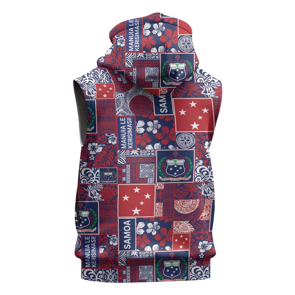 Red Samoa Manuia Le Kerisimasi Sleeveless Zip Hoodie Pacific Patchwork Xmas Vibes - Polynesian Pride