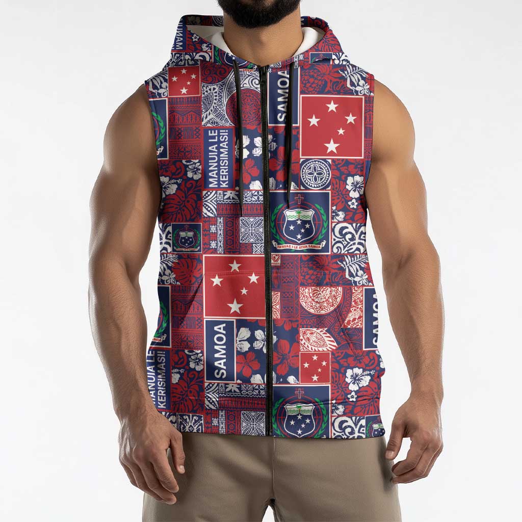 Red Samoa Manuia Le Kerisimasi Sleeveless Zip Hoodie Pacific Patchwork Xmas Vibes - Polynesian Pride
