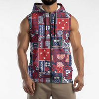 Red Samoa Manuia Le Kerisimasi Sleeveless Zip Hoodie Pacific Patchwork Xmas Vibes - Polynesian Pride